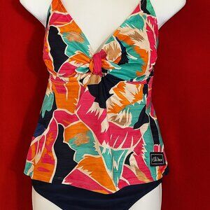Catalina Tankini Swimsuit 2-Piece Set Size M Tropical Print Top & Navy Bottoms